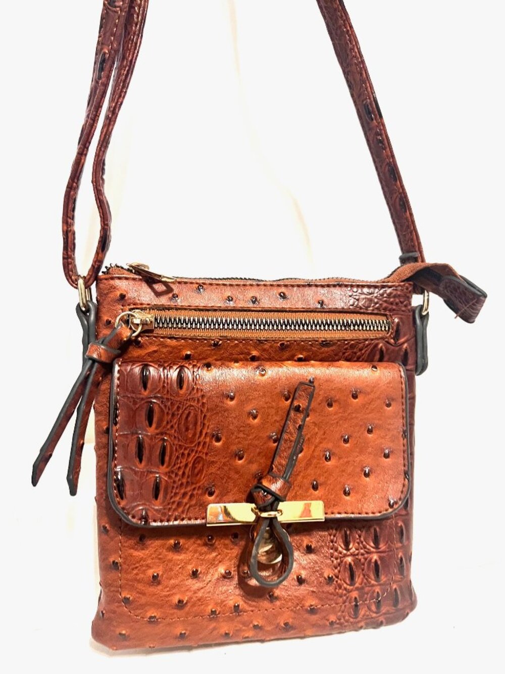 Crossbody-Brown/Camel/Gold-Crocodile Print Adjustable Strap Purse-